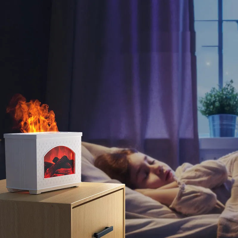 Simulated flame humidifier in black with USB cord, compact design for home use