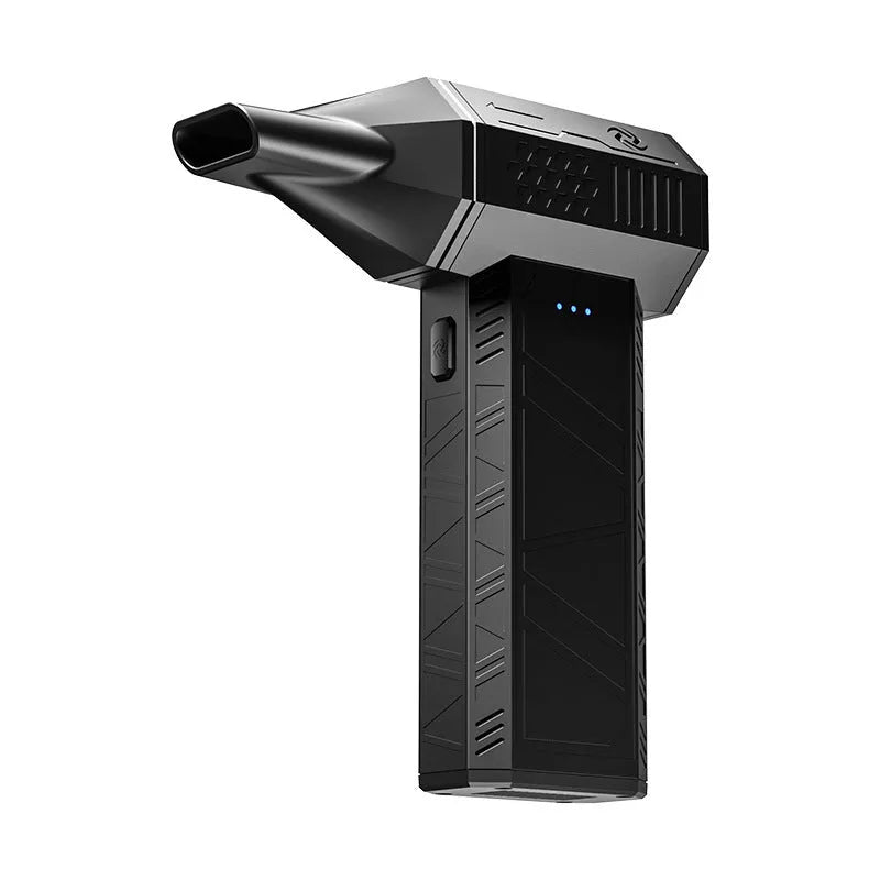 Black integrated mini turbo hair dryer, brushless motor, 131x86x37mm, with four nozzles and USB charging.