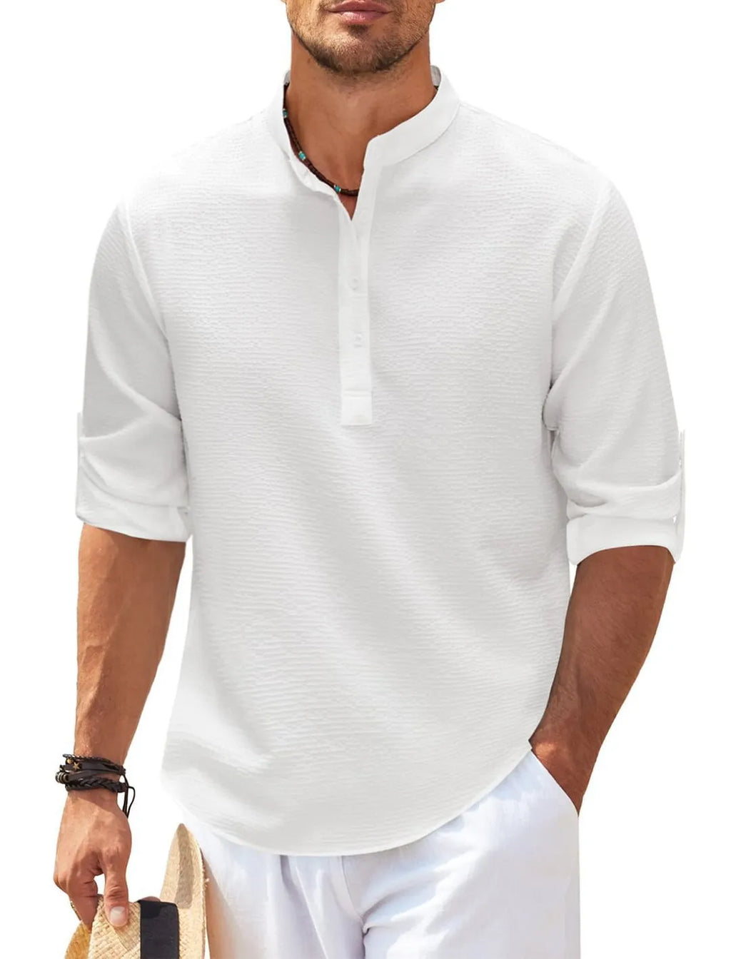 Men's stand collar button shirt with pineapple texture, long sleeve loose fit top in white