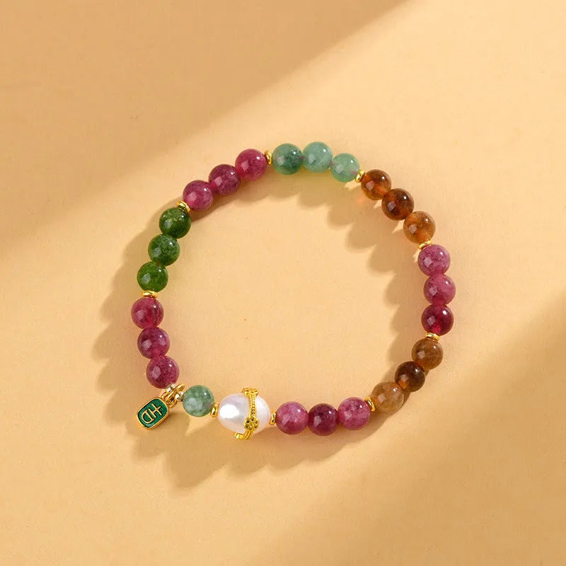 Tourmaline geometric bracelet with 6.5mm natural chalcedony beads