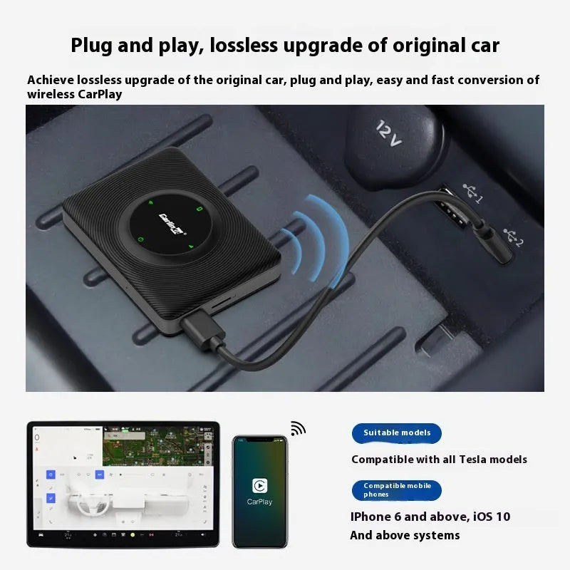 Carlinkit Tesla wireless CarPlay adapter box, ABS PC, 79 × 58 × 15.8mm, with data cables and manual