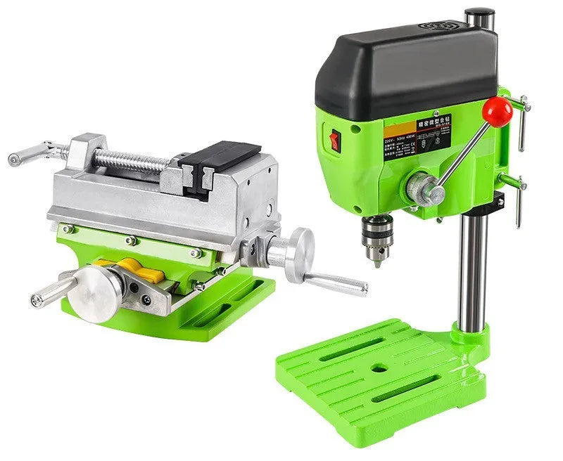 240W bench drill and milling machine on a workbench with heavy-duty steel clamping pliers.