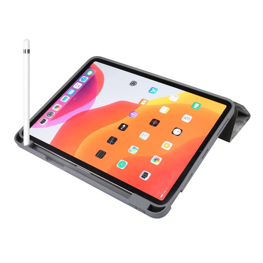 Dark grey imitation leather iPad tri-fold case with integrated pen slot, shown in stand position.