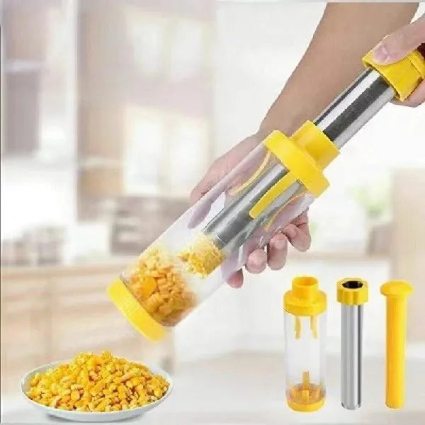 Yellow cylindrical corn stripper kitchen tool 27cm tall with stainless steel threshing mechanism