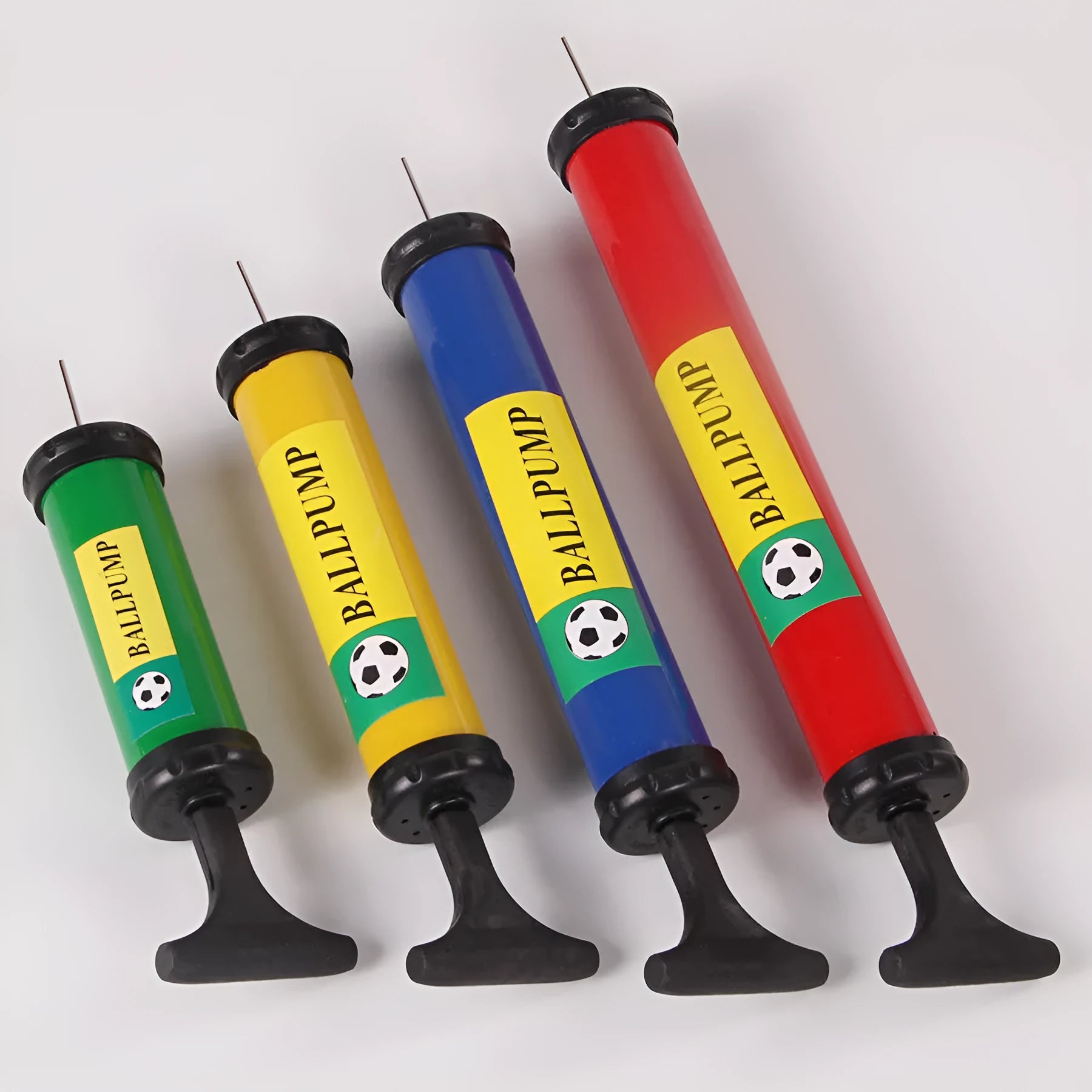 Manual plastic hand pump for sports balls and balloons, shown with adjustable length.