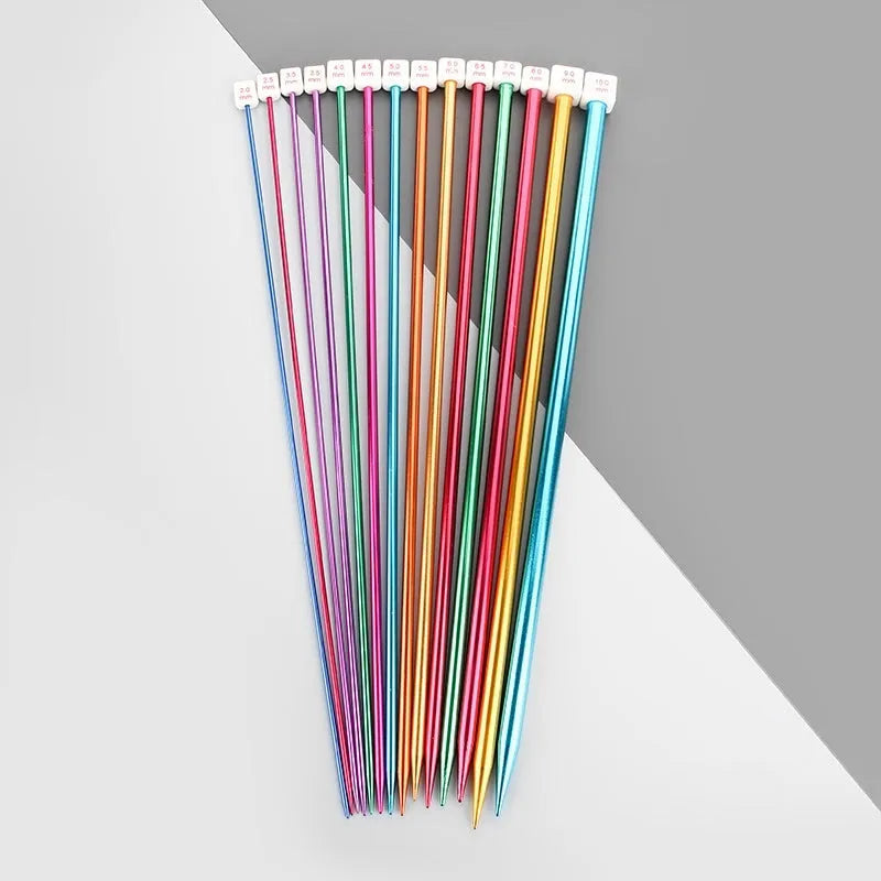 Set of aluminium crochet hooks with extended handles and protective caps, showing multiple sizes from 2.0mm to 10.0mm
