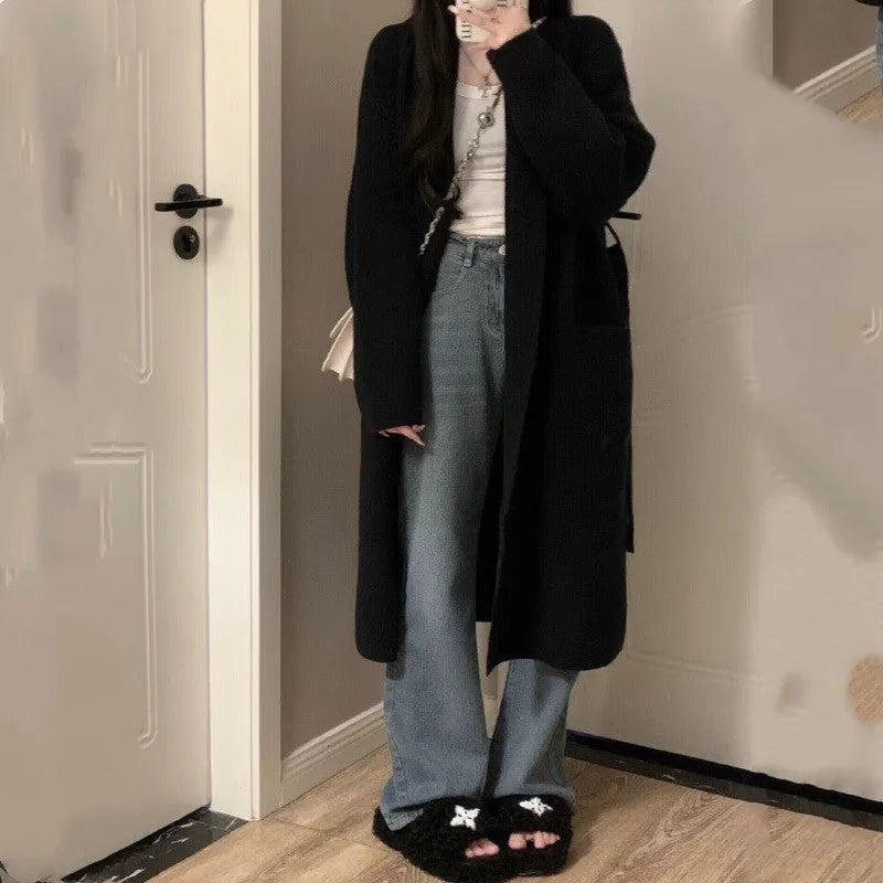 Women's loose dark grey thick knitted chenille cardigan with long sleeves