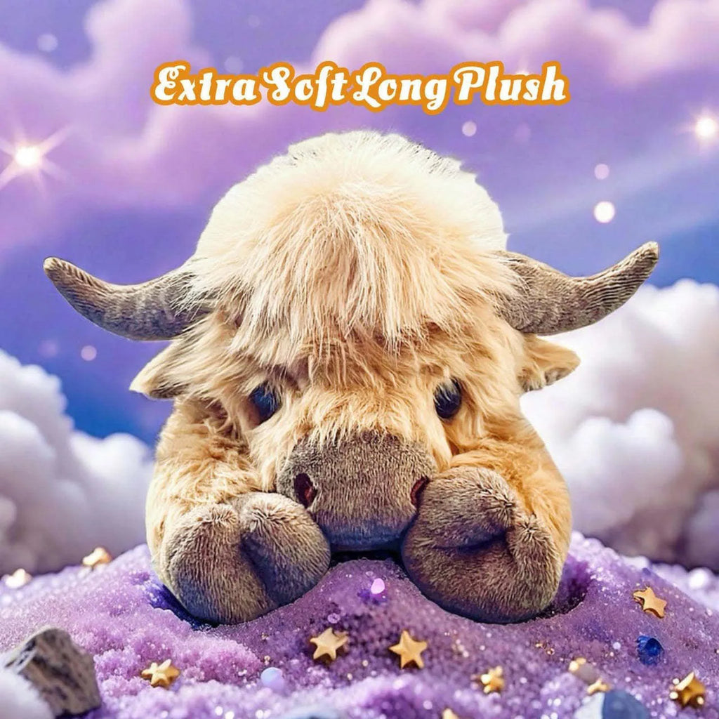 Highland cow plush toy in short plush, 35cm x 15cm x 13cm, American style 3D printed decoration.