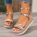 Gold women's wedge sandals with woven texture and round toe design
