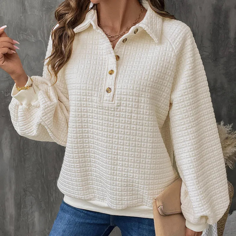 Milky white women's sweater with a textured polo collar and long sleeves