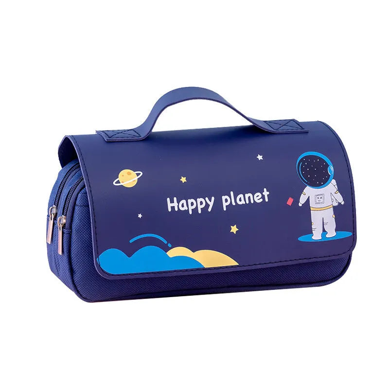 Canvas pencil case 21x10cm with cartoon planet flip design in navy blue, blue, pink or orange.