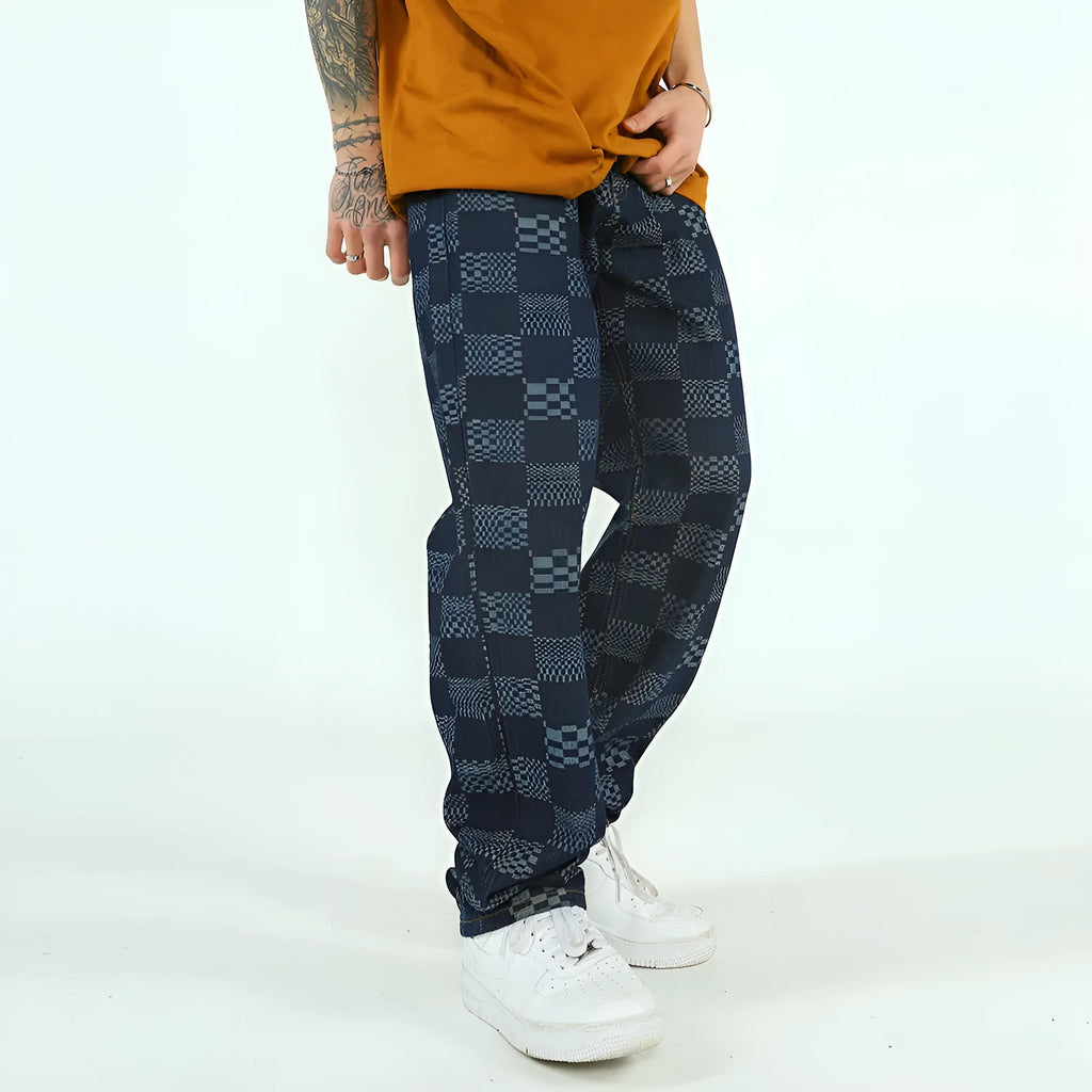 Fashion checkerboard jacquard jeans for men, straight loose fit cotton, black colour, size S to XL