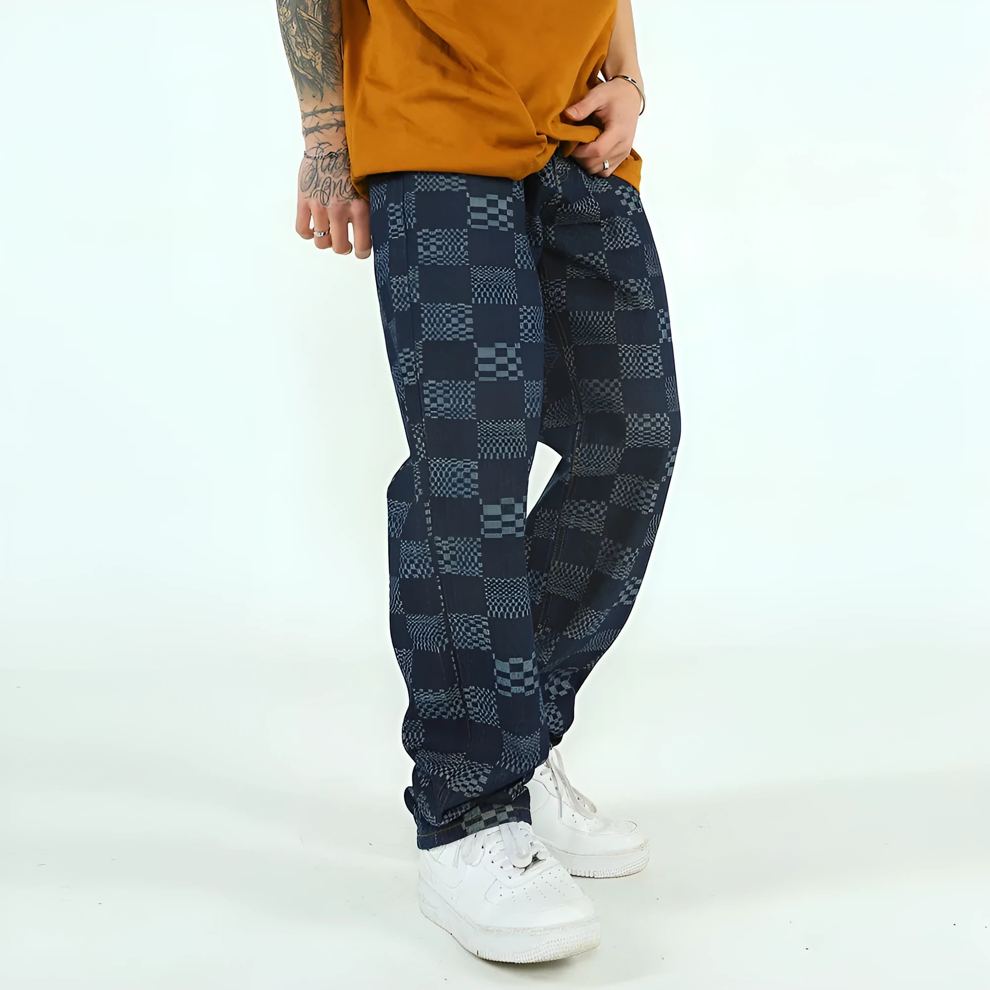Fashion checkerboard jacquard jeans for men, straight loose fit cotton, black colour, size S to XL