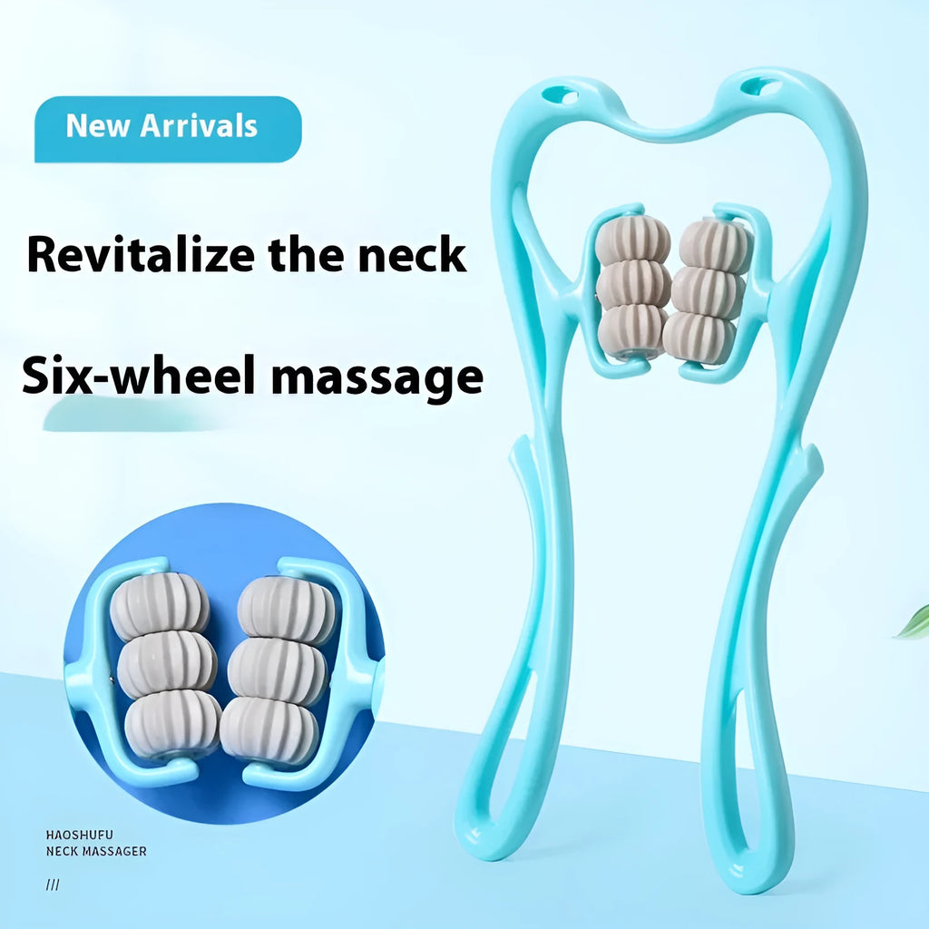 Blue six-wheel electric neck and shoulder massager with U-shaped plastic body on a white background.
