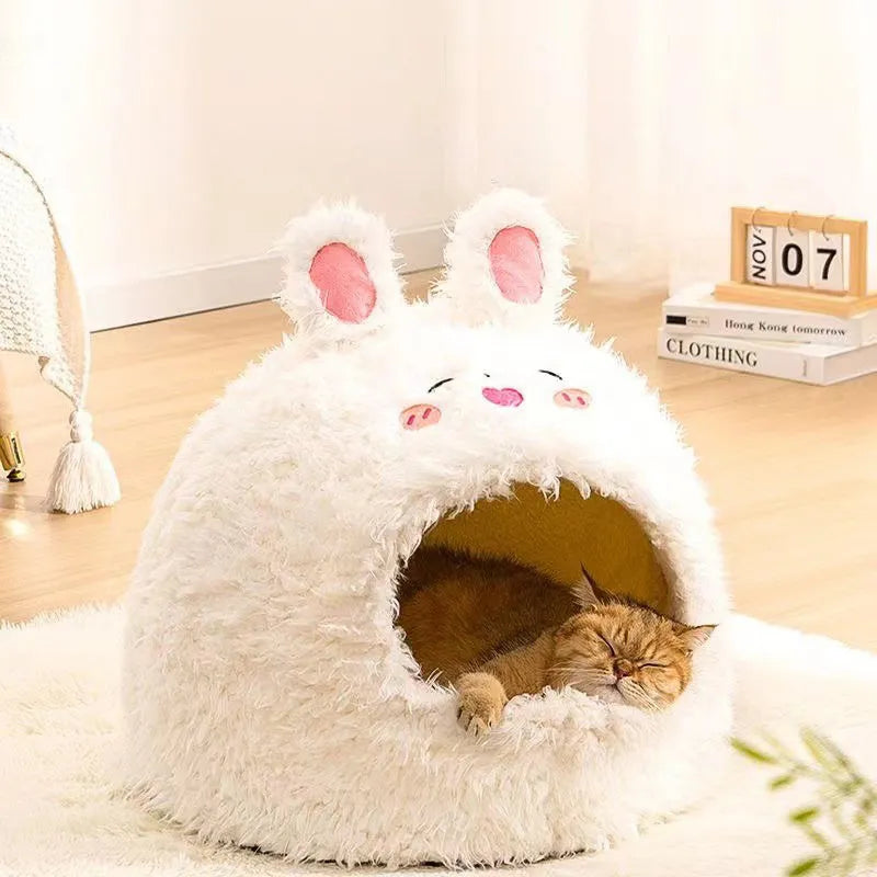 Semi-enclosed plush cat tent kennel with removable cushion in animal design