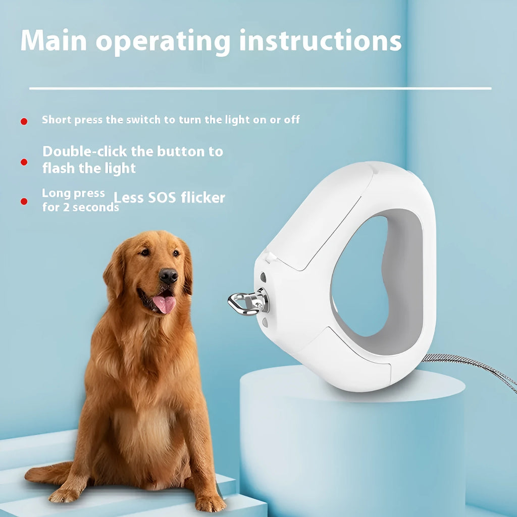 White plastic pet leashing device with integrated spotlight light and snack bin box on a table