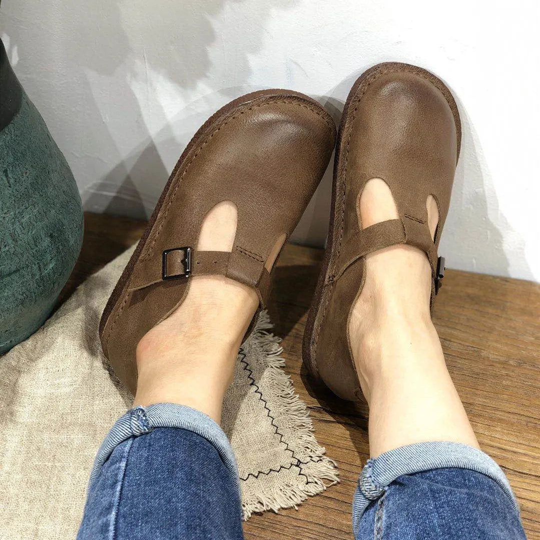 Women's genuine leather flat shoes, low 1-3cm heel, round toe, black or coffee, sizes 35-40