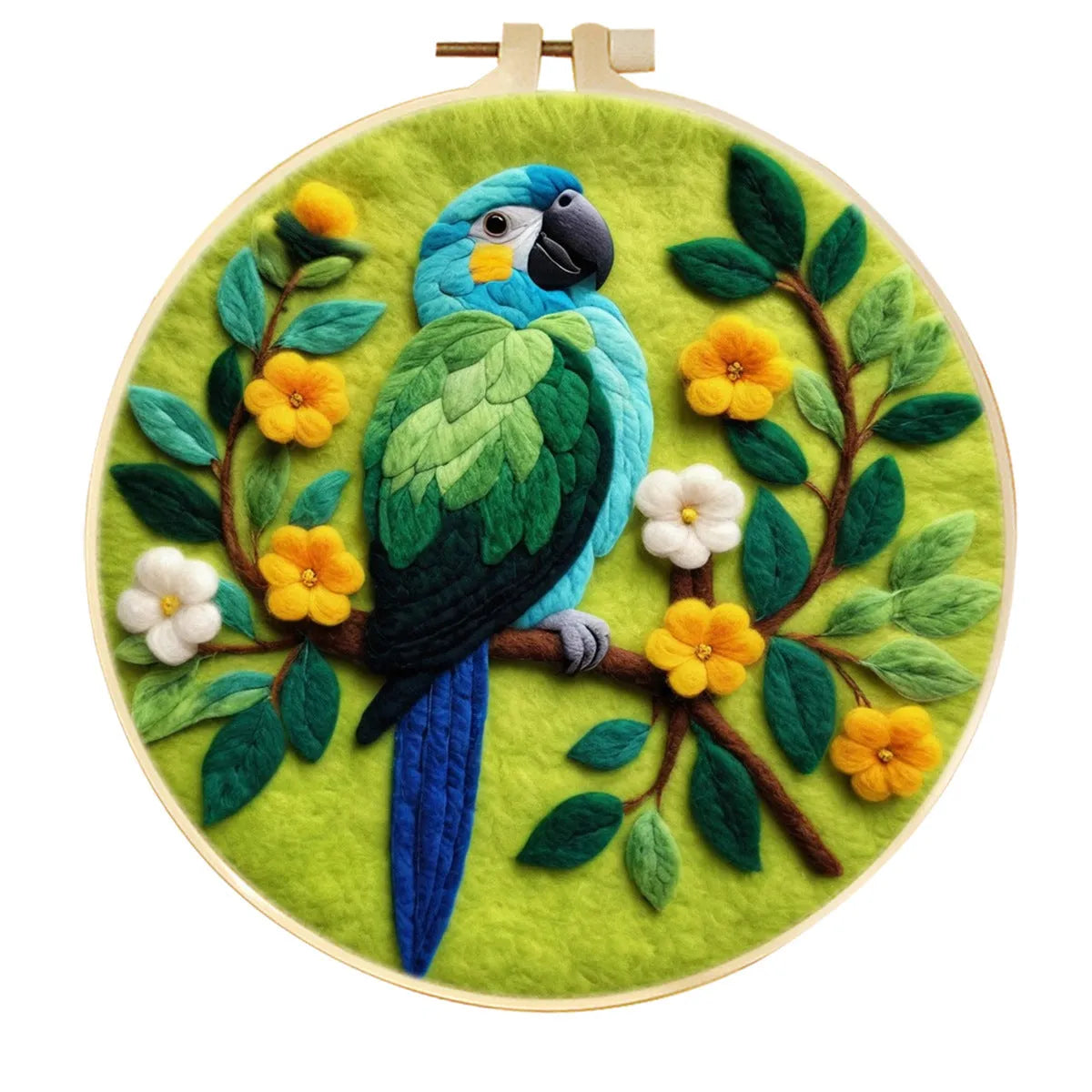 Round linen embroidery frame with wool felt floral decoration kit for three-dimensional wall art