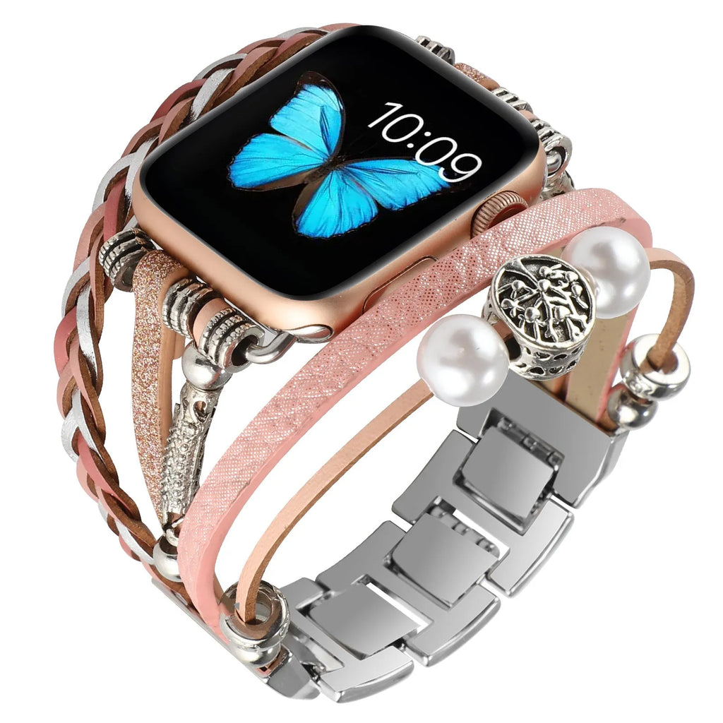 Vintage metal leather beaded watch strap for Apple Watch in silver colour with buckle closure