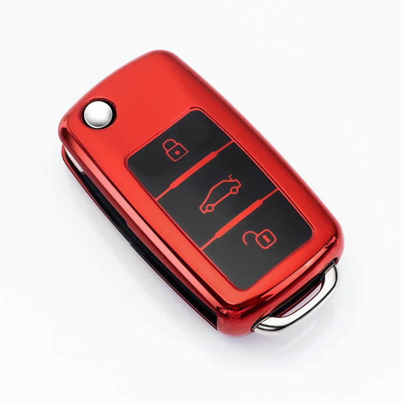 VW Model A car key case in blue, pink, red, and silver colours, showing TPU protective shell for three keys.