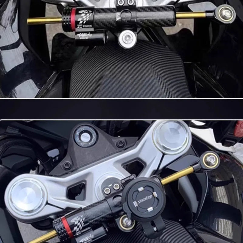 Titanium adjustable damper bracket for CFMoto 450SR motorcycle in black carbon fibre finish