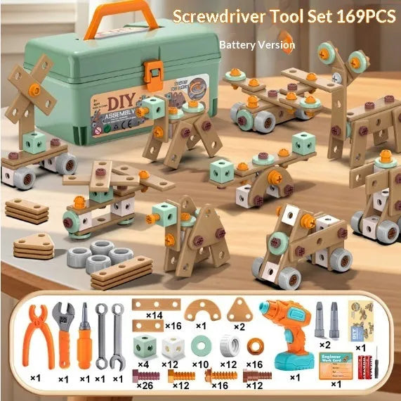 Children's plastic screw toy assembly set with colourful building blocks and storage box for boys aged 3-6