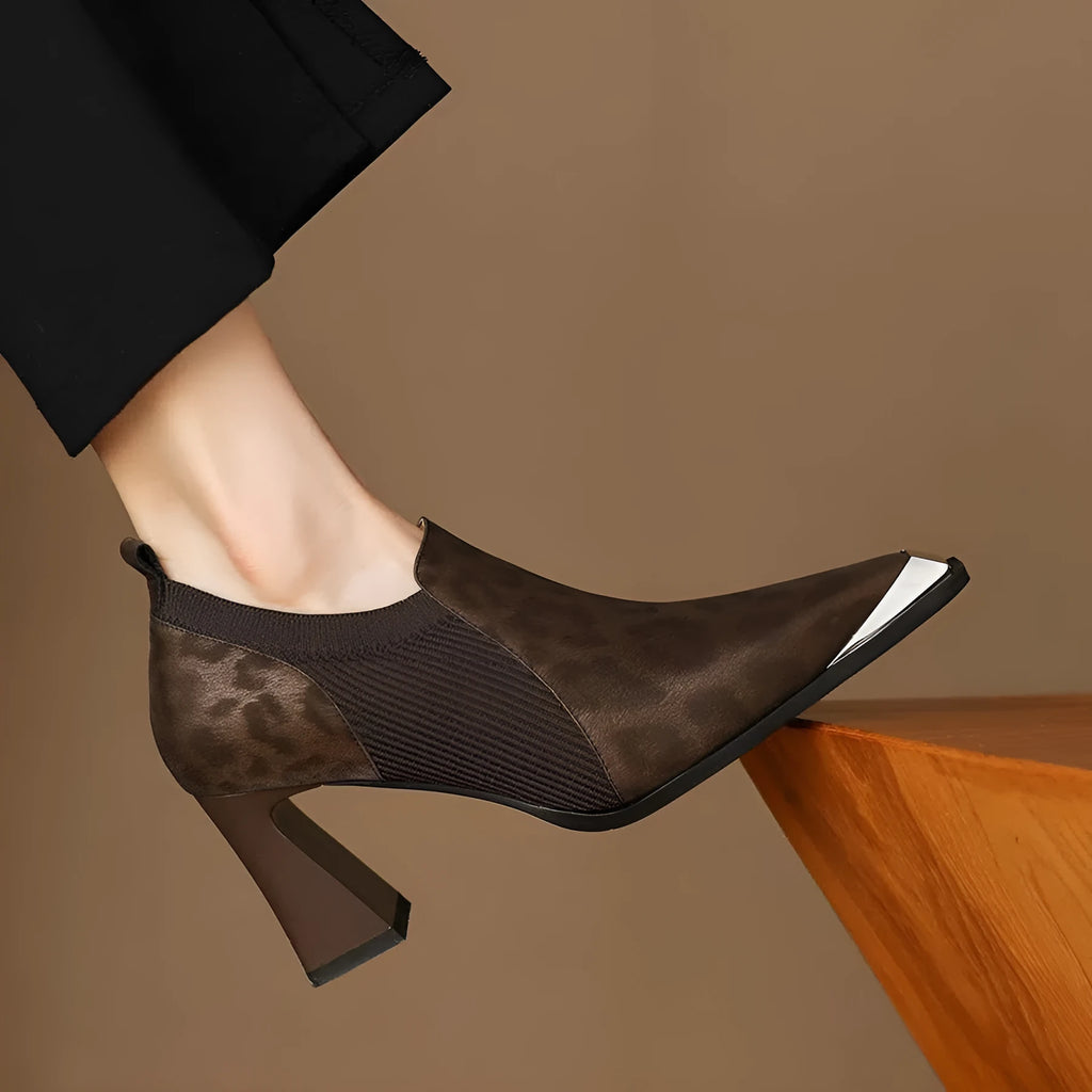 British leopard print metal head women's chunky heel high heels in black with pointed toe and waterproof platform