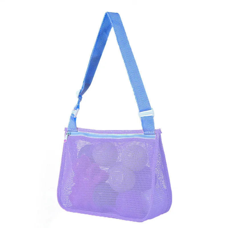 Blue nylon mesh travel storage bag with zip closure for children's toys and clothes