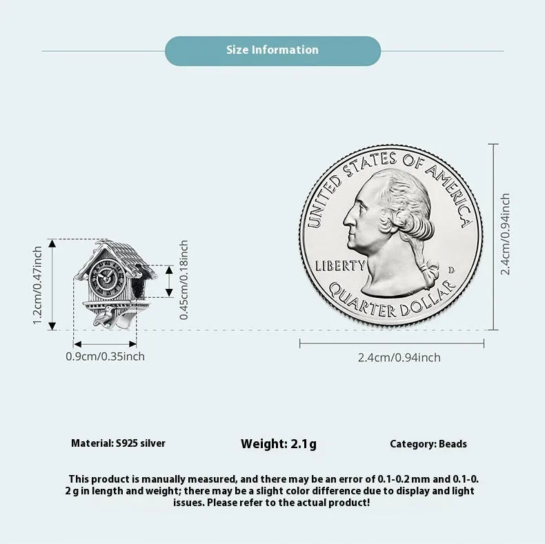 925 silver cuckoo clock bead with pearlescent finish, 1.2cm by 0.9cm, 0.45cm aperture, retro DIY charm