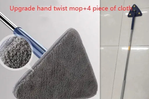 Extendable blue triangle mop with 360 rotating head and automatic water squeezing mechanism