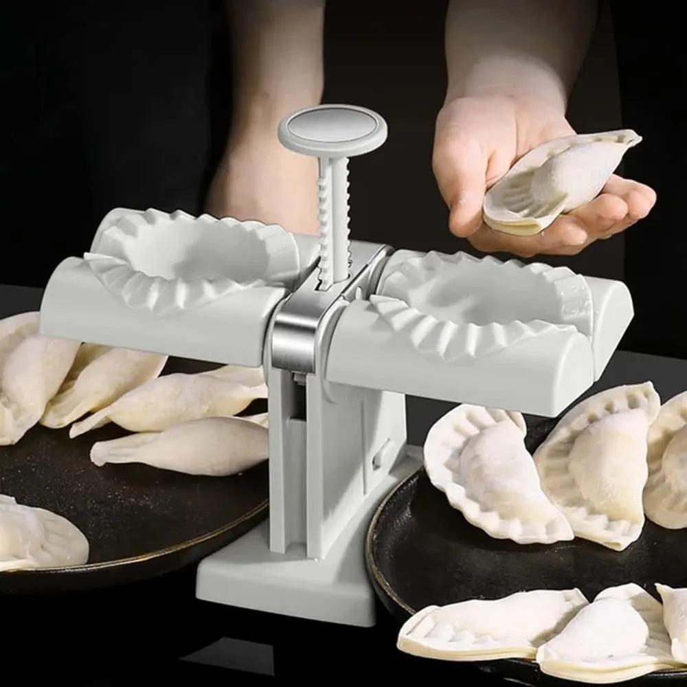 White double head dumpling mould with manual press mechanism and anti-slip rubber base