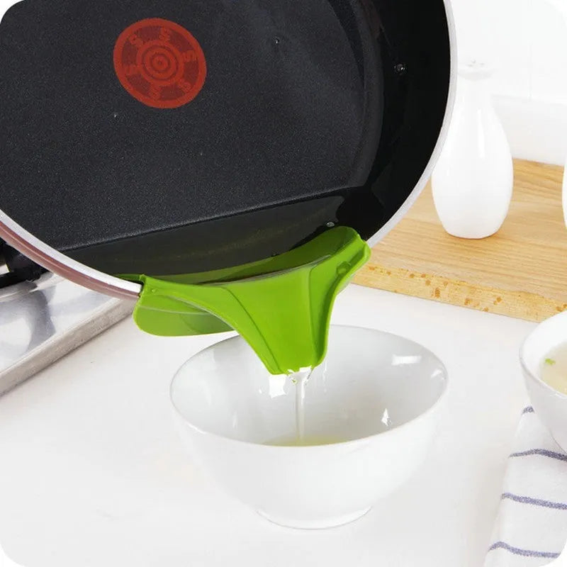 Green silicone kitchen funnel for transferring liquids between round pots