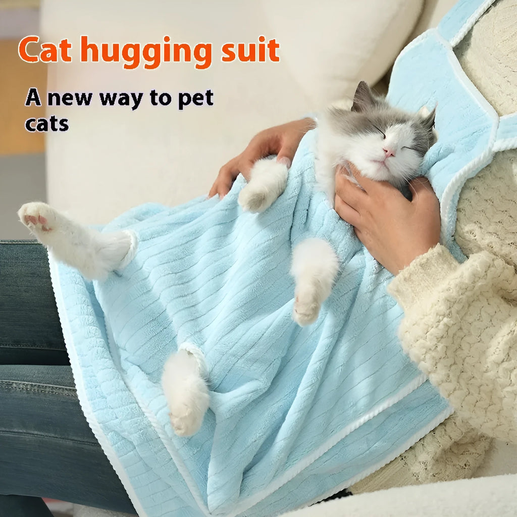 Cloth cat petting apron in a striped pattern, shown worn by a person holding a cat.
