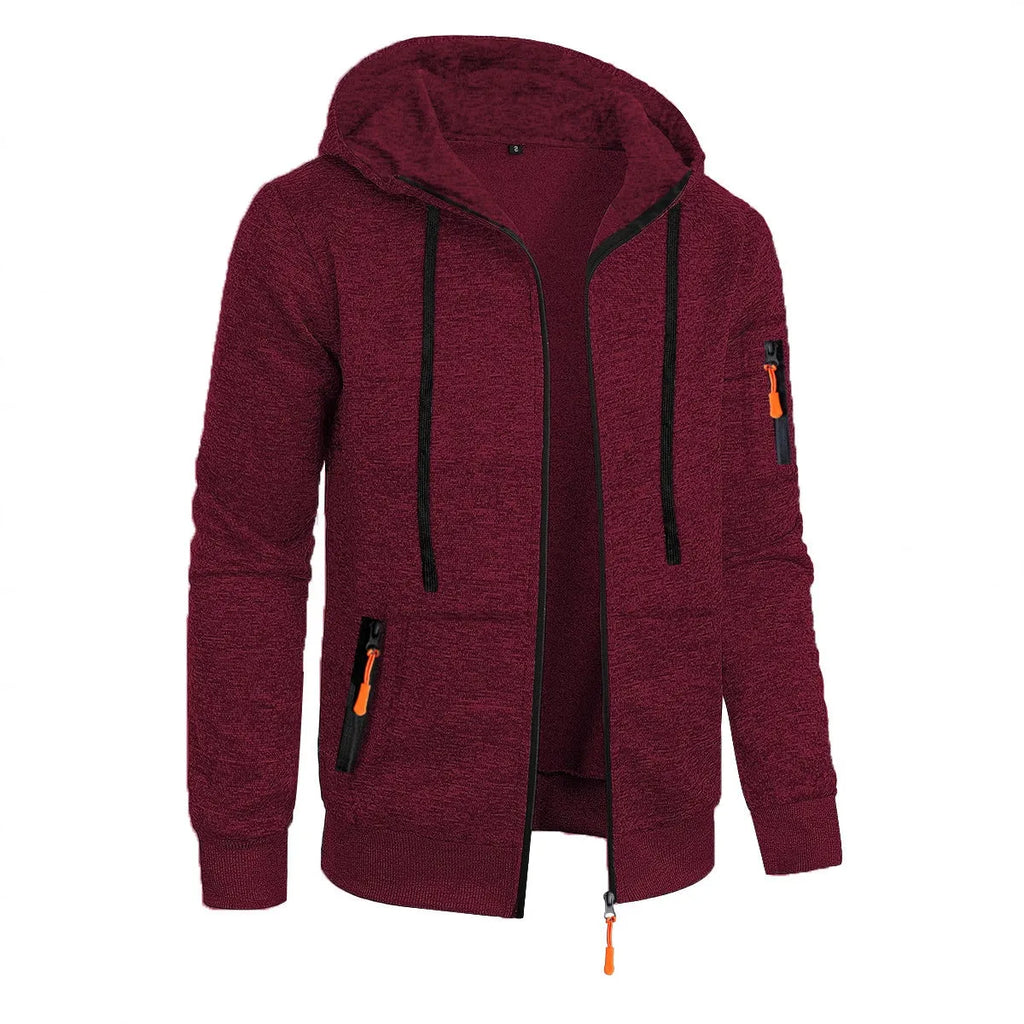 Men's hooded cardigan sweater in polyester jacquard knit, loose fit, long sleeve, solid colour, sizes S to 3XL