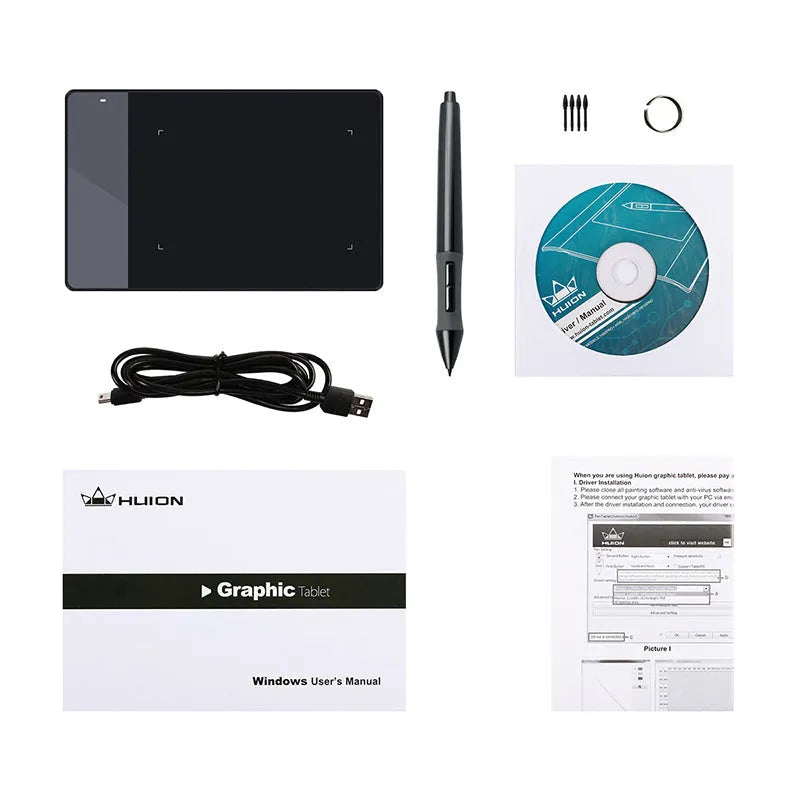 HUION 420 black electronic drawing board with battery-free pen and USB cable