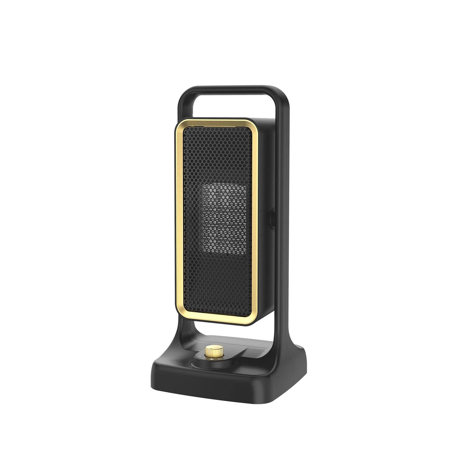 Black compact PTC ceramic air heater with control knob, shown with EU, UK, and US plug options.