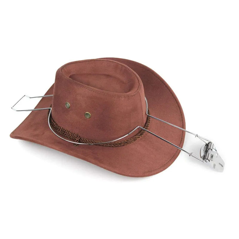 Brown chrome-plated metal hat stand for hanging coats and hats.