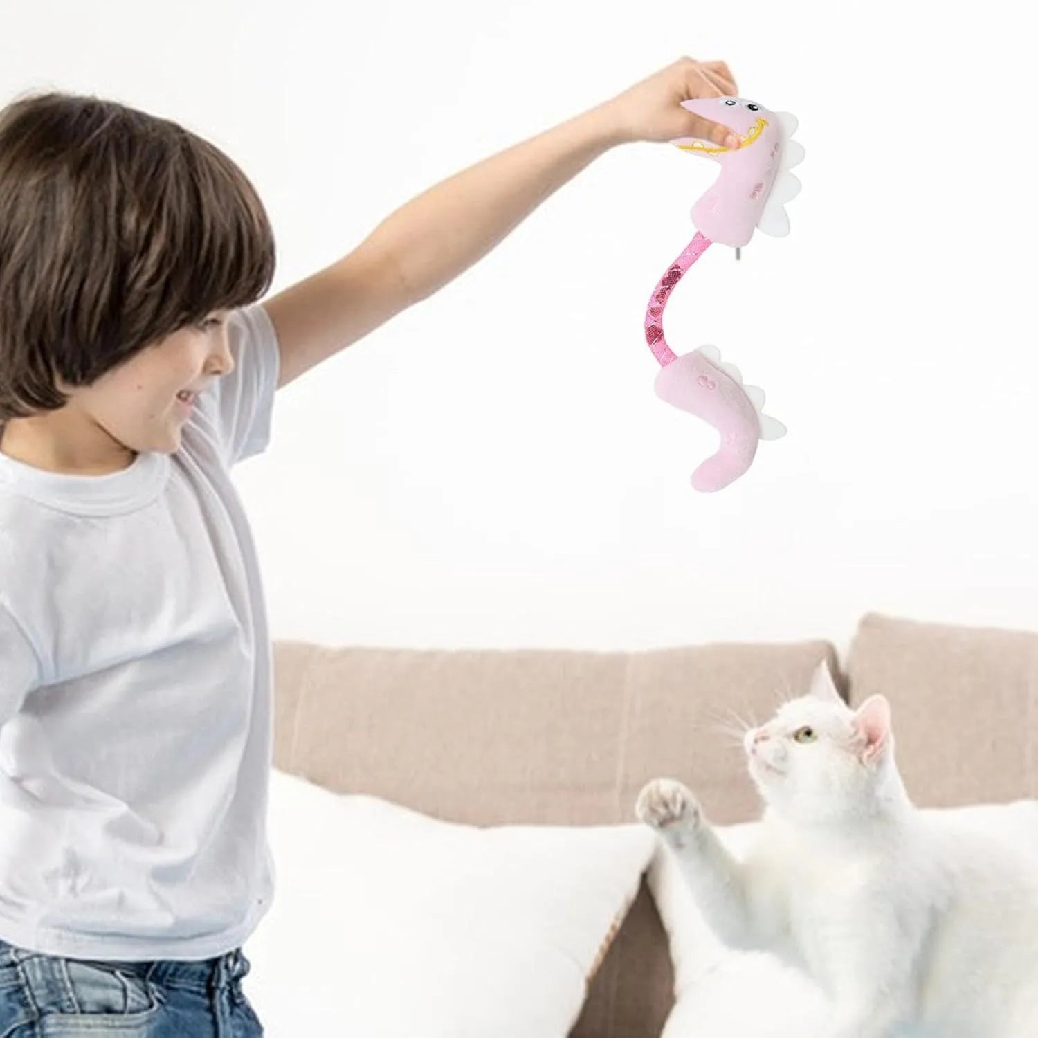 Set of four cat chew toys including plush mouse, fish, bunny and catnip rope toys for teeth cleaning
