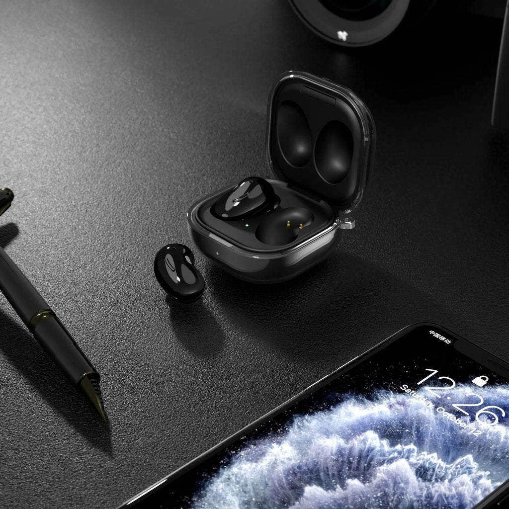 Transparent Bluetooth earphone case in clamshell design with plastic moulding construction