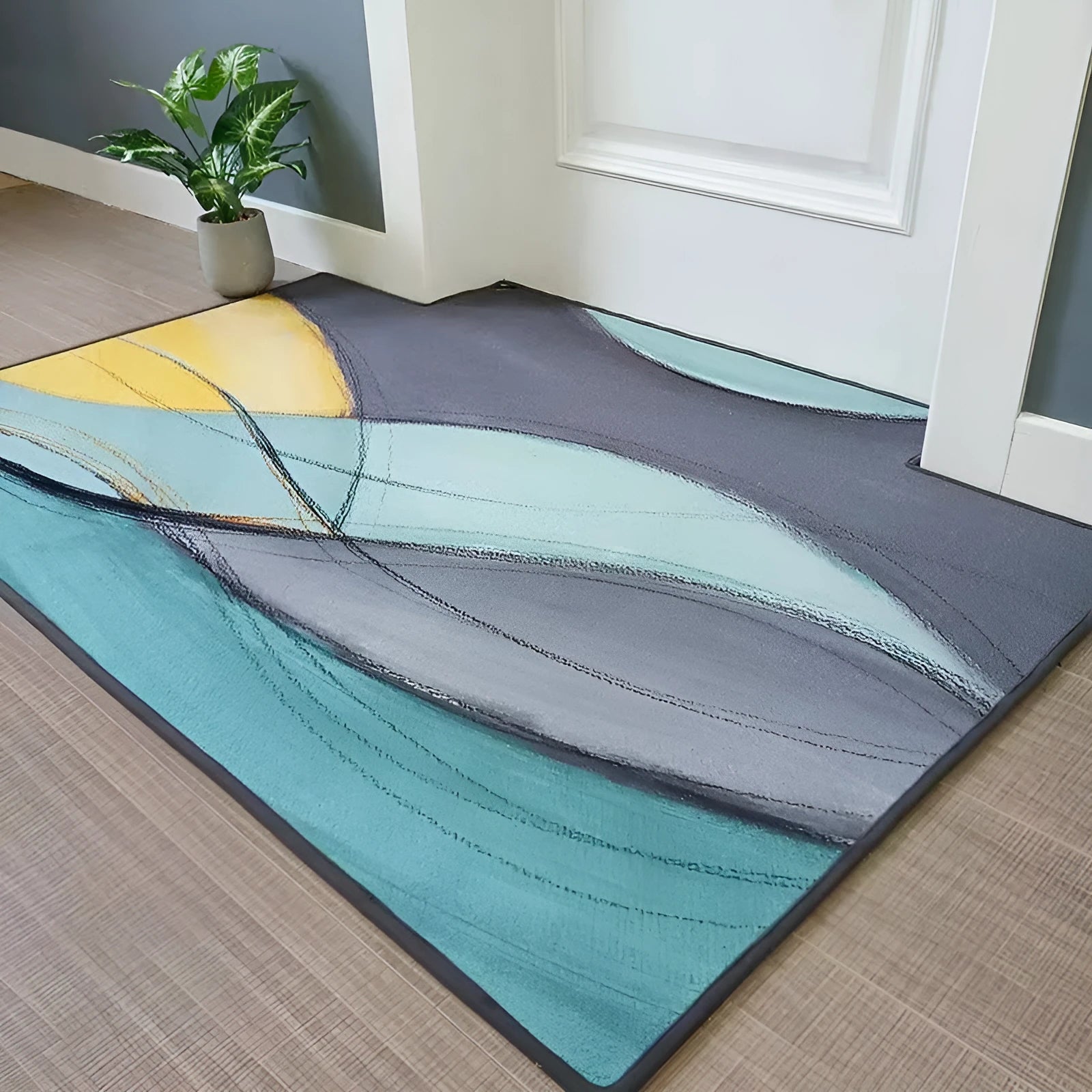 Modern minimalist rectangular floor mat in wave pattern on a tiled entrance floor