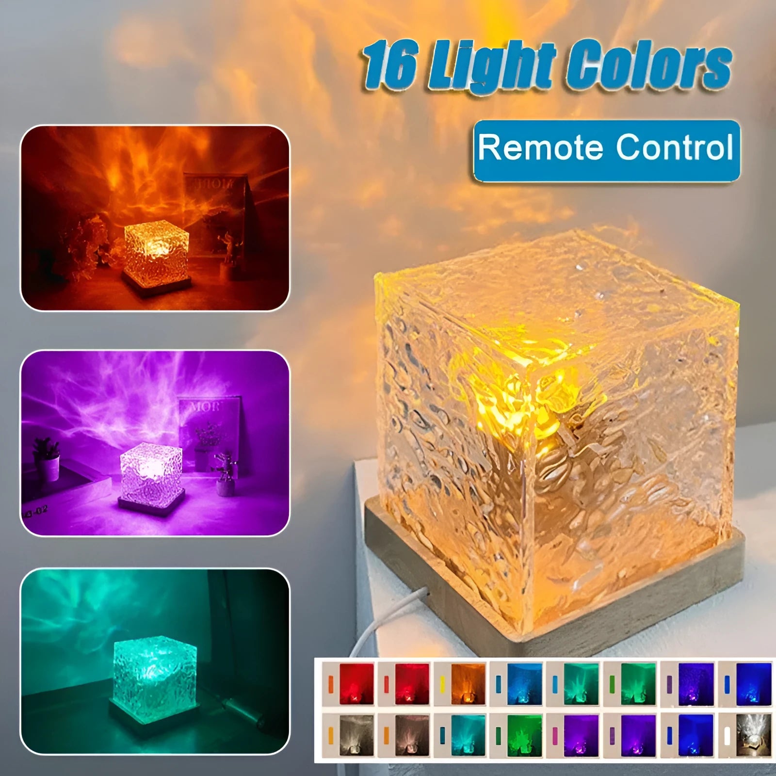 Geometric USB-powered rotating water ripple projection night light with remote control