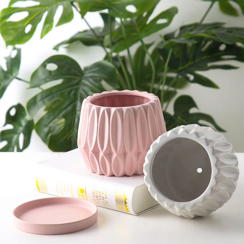 Grey ceramic tabletop flowerpot for plants with simple design and medium size