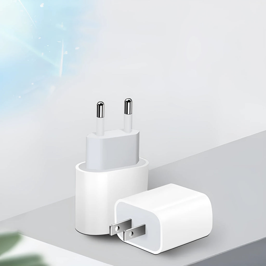PD20W mobile phone charger with USB port, available in EU and US plug types.