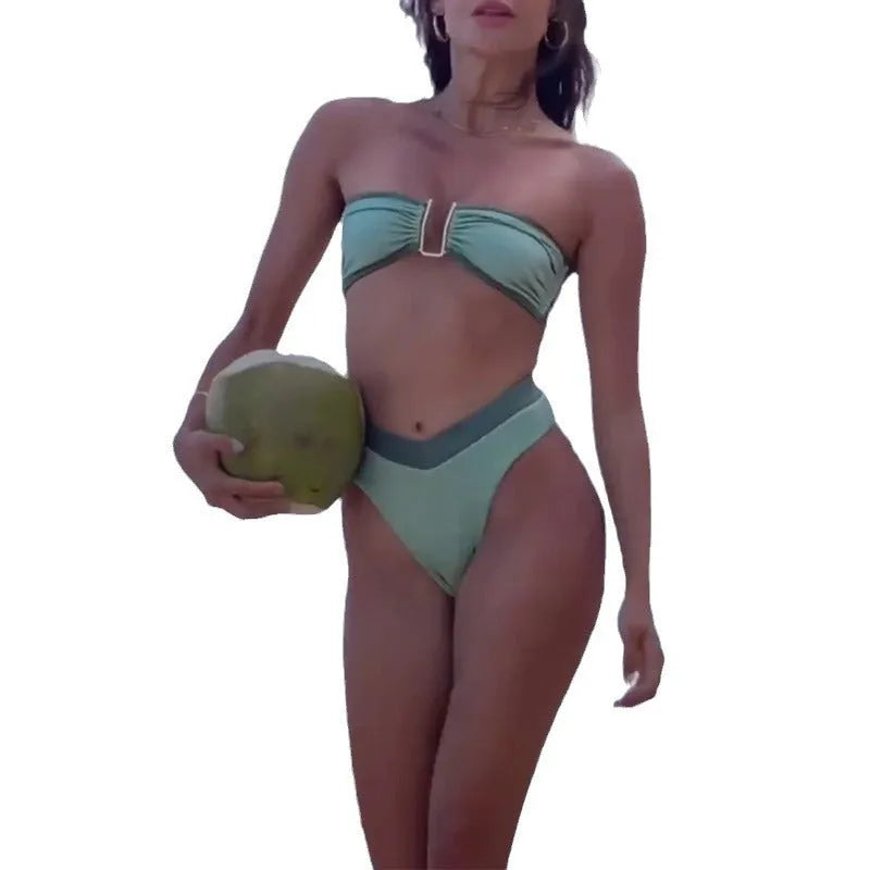 Fluorescent green women's bikini swimsuit set with briefs style on a mannequin
