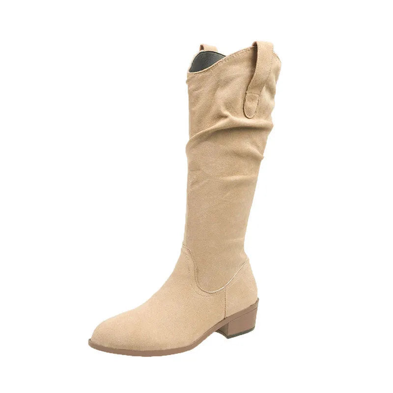 Chunky heel suede high-top riding boots for women – microfiber upper, block heel, round toe, available in cloth khaki