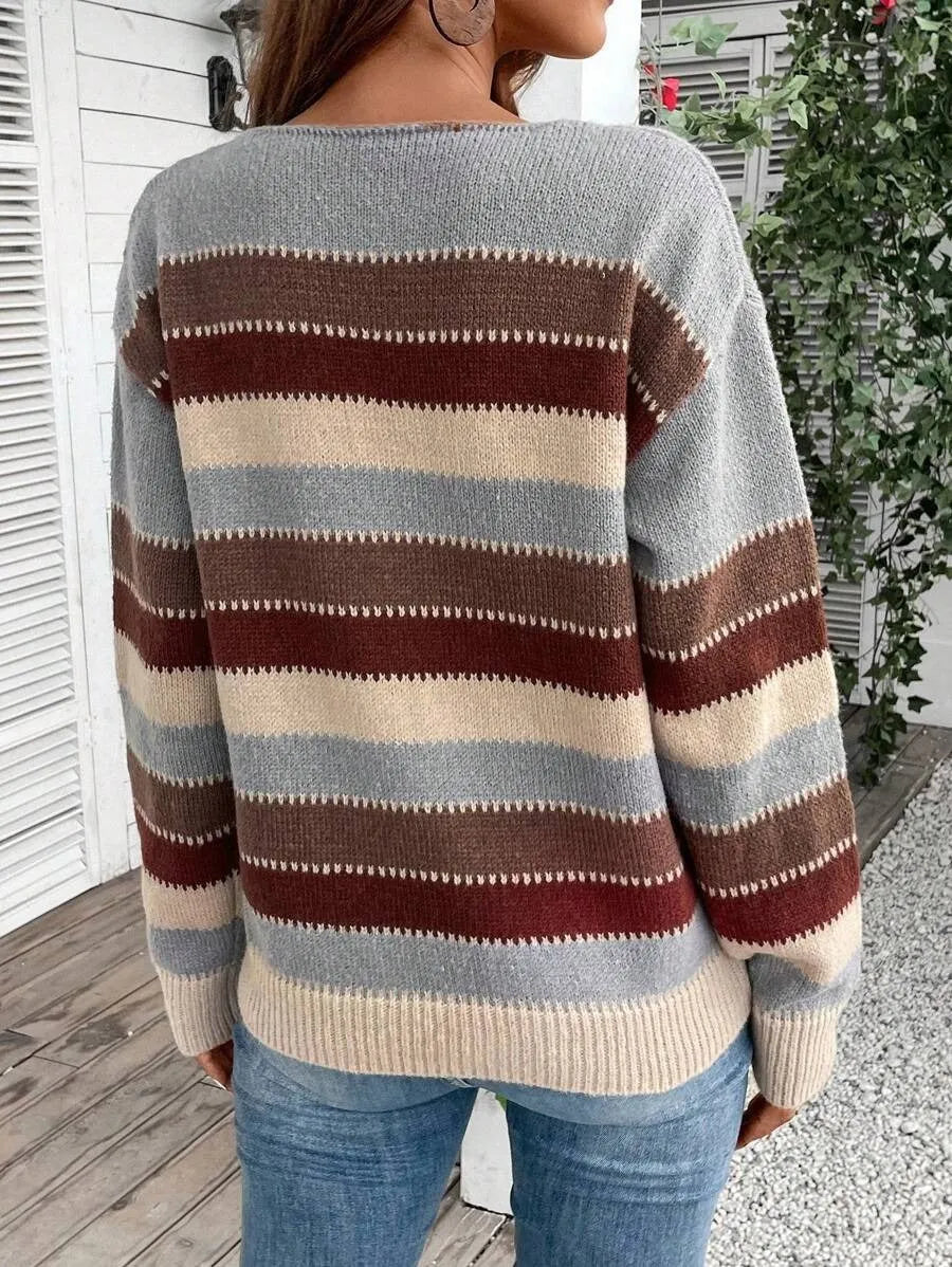 Women's polyester striped pullover sweater with colourblock design and long sleeves