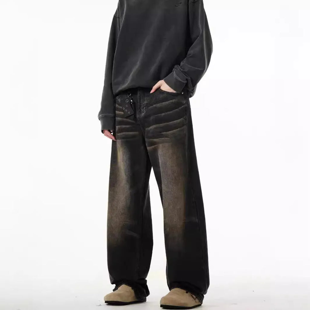 Men's retro straight-leg jeans in Black Gray, low waist, high elasticity denim, available in sizes S-3XL