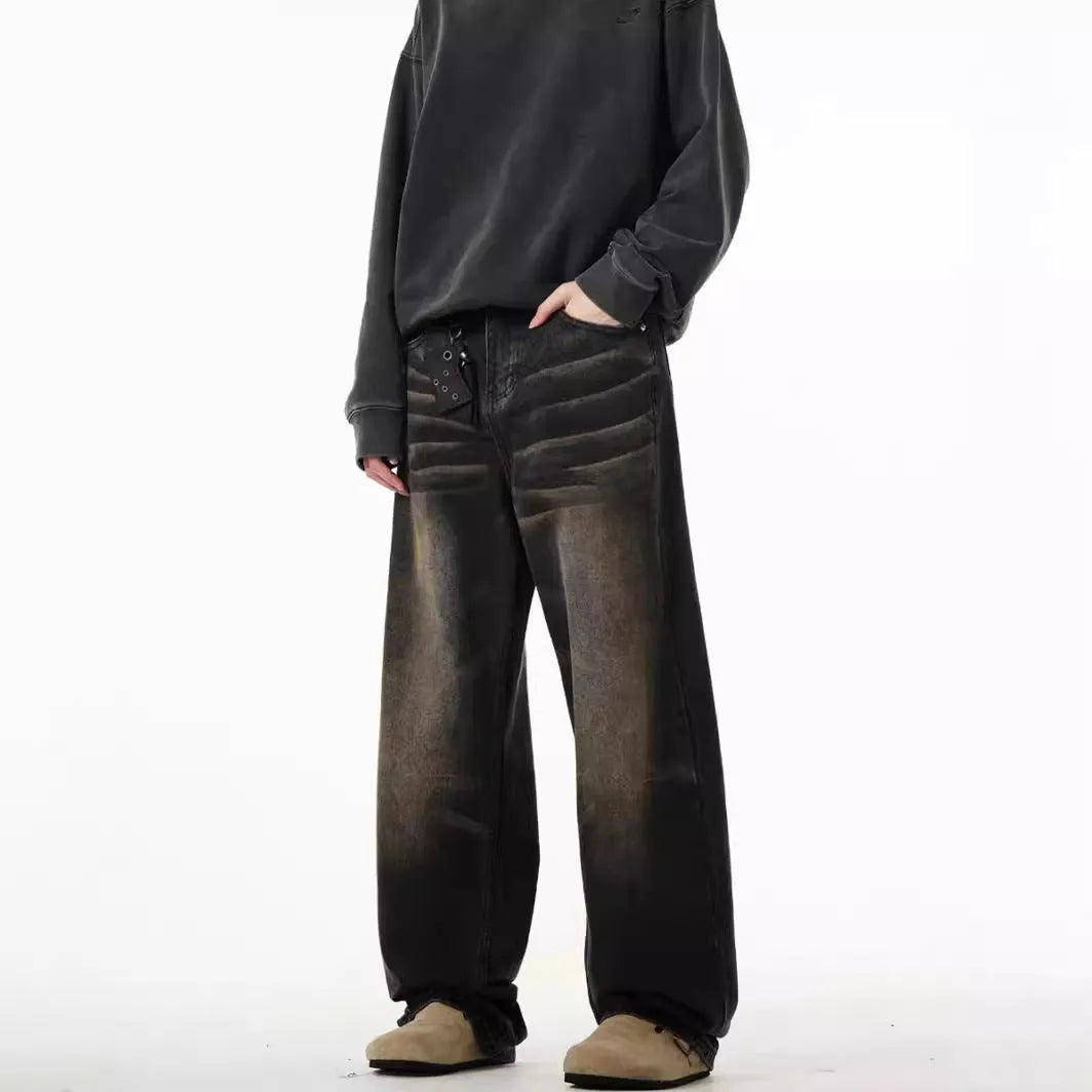 Men's retro straight-leg jeans in Black Gray, low waist, high elasticity denim, available in sizes S-3XL