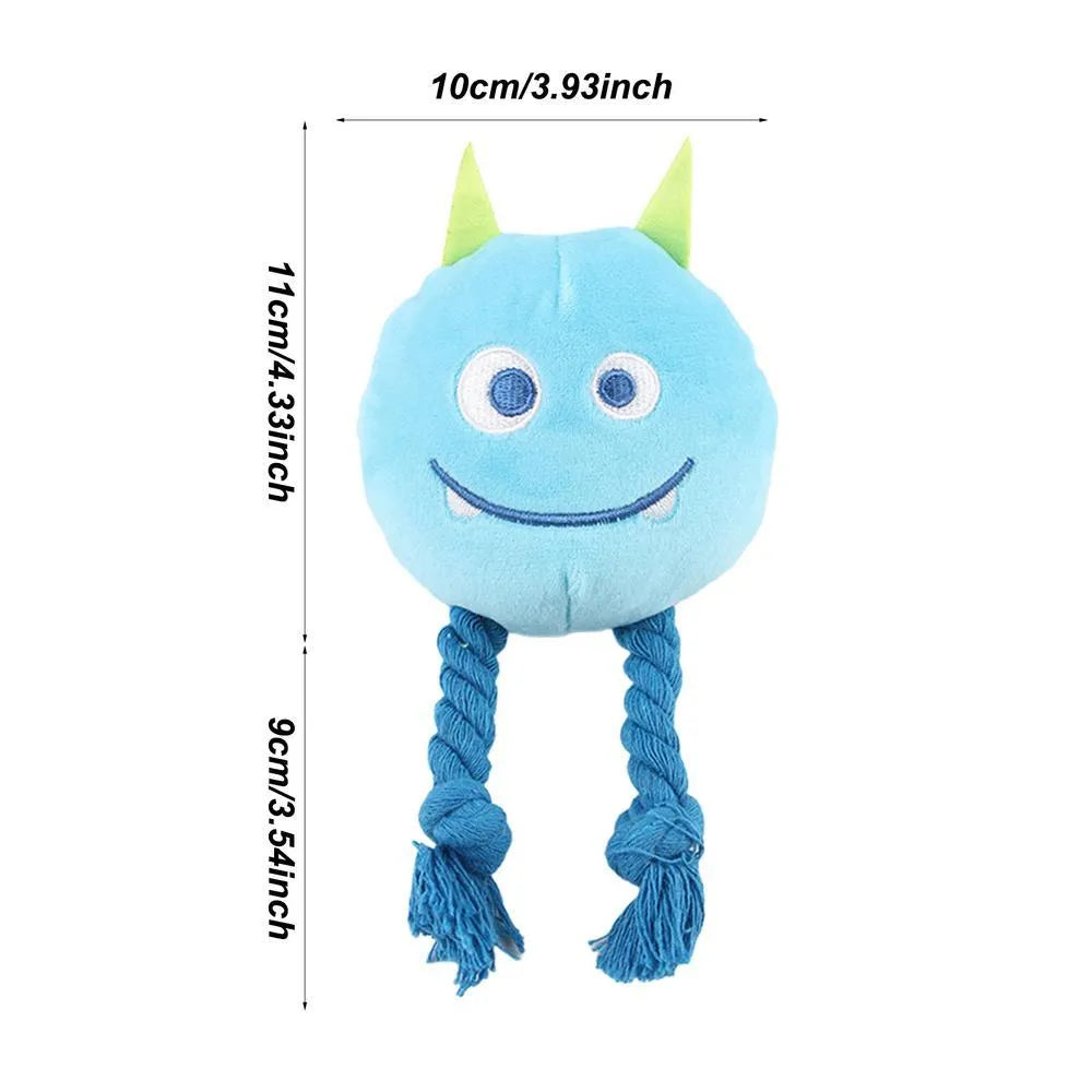 Blue and yellow cartoon character dog squeaky toy with strong knot rope design