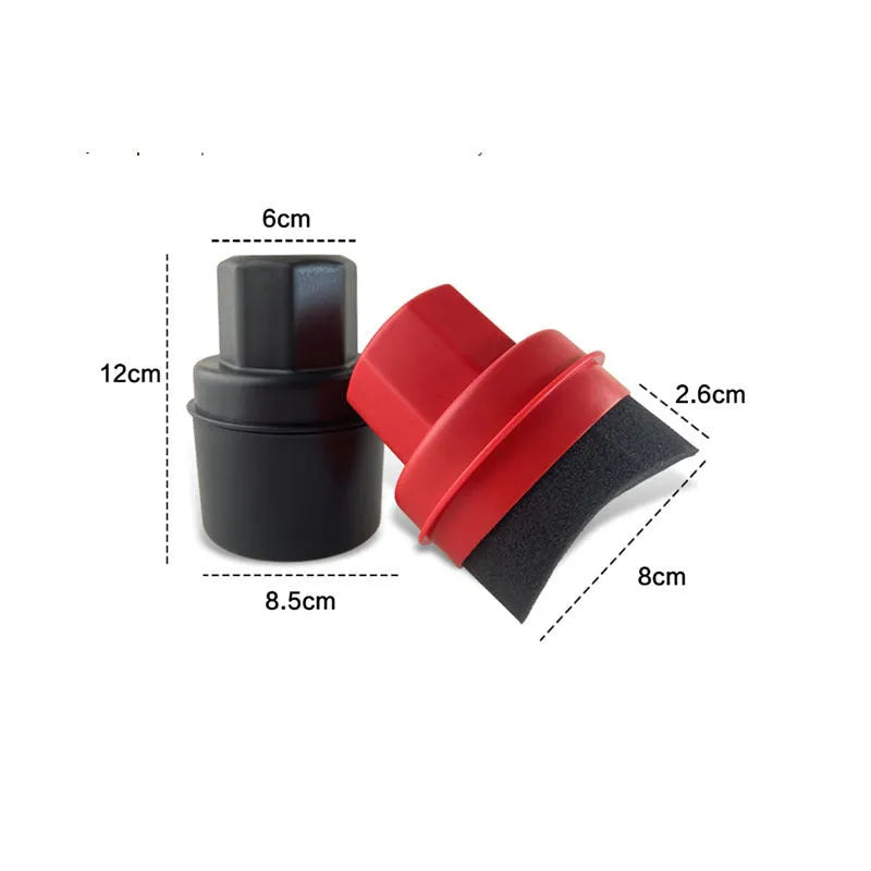 Black car tyre polishing sponge brush with lid on a clean tyre, showing ergonomic PP handle and applicator head.